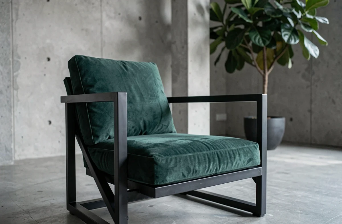 Fauteuil géométrique au cadre noir mat et velours vert forêt dans un appartement contemporain aux murs en béton brut