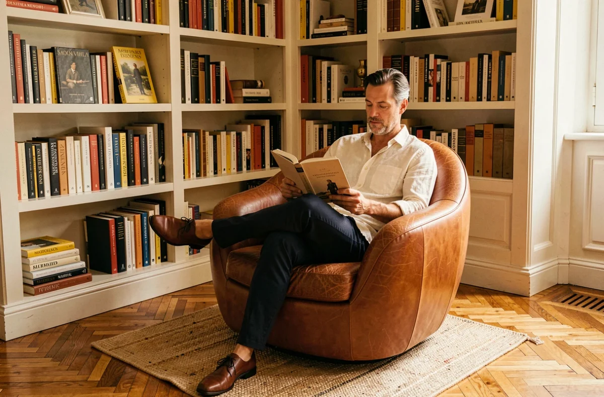 Personne lisant dans un fauteuil lounge en cuir cognac dans un coin lecture parisien avec parquet en chevrons et bibliothèque intégrée