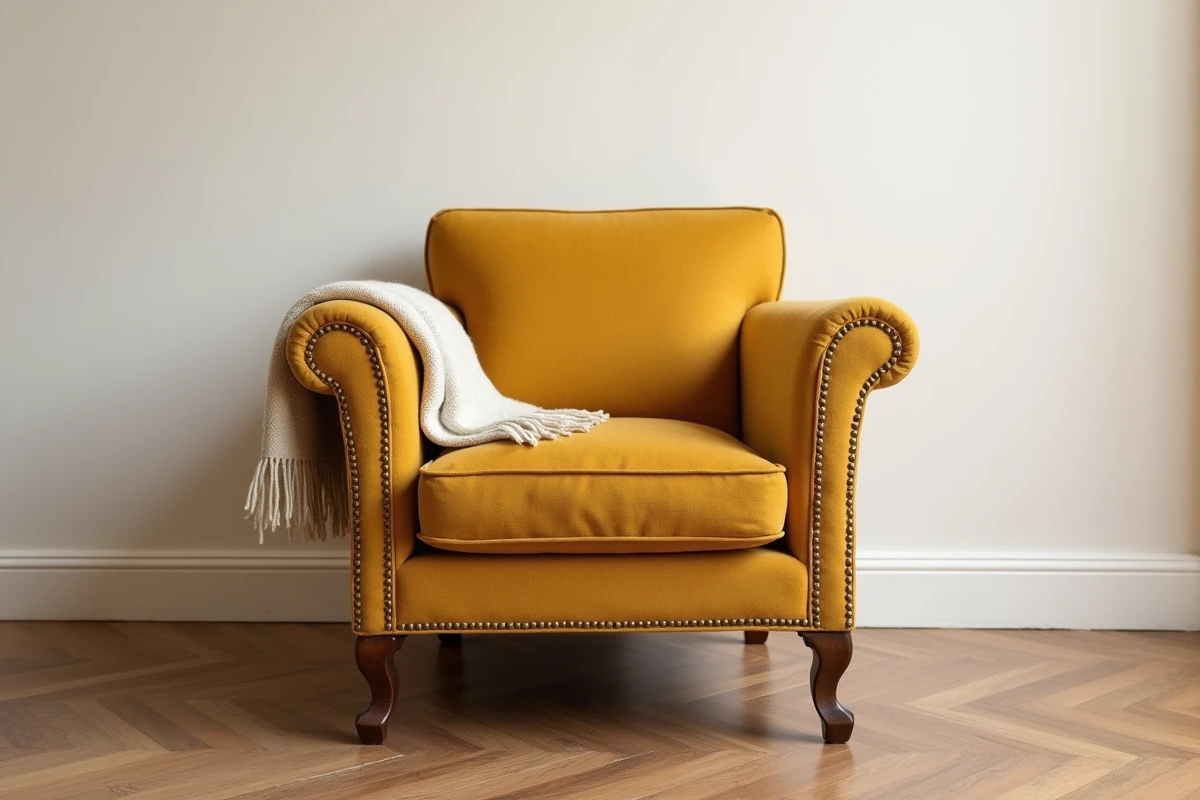 Fauteuil Voltaire entièrement rénové recouvert de tissu bouclé moutarde avec passepoil et clous dorés sur parquet en chevrons