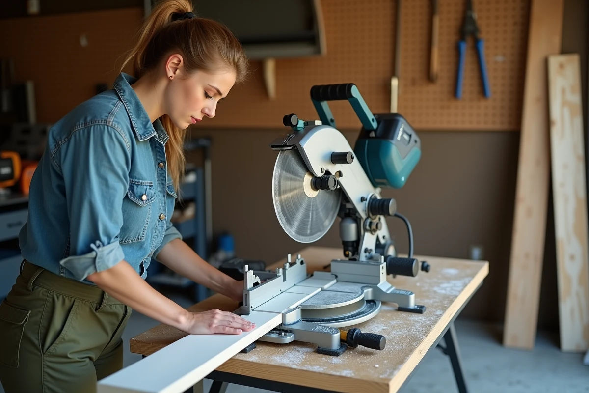 Femme artisane coupant une plinthe blanche à l'onglet avec une scie à coupe d'onglet dans un atelier garage