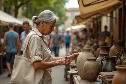Femme examinant un vase ancien sur un stand de brocante en plein air dans le 13e arrondissement de Marseille