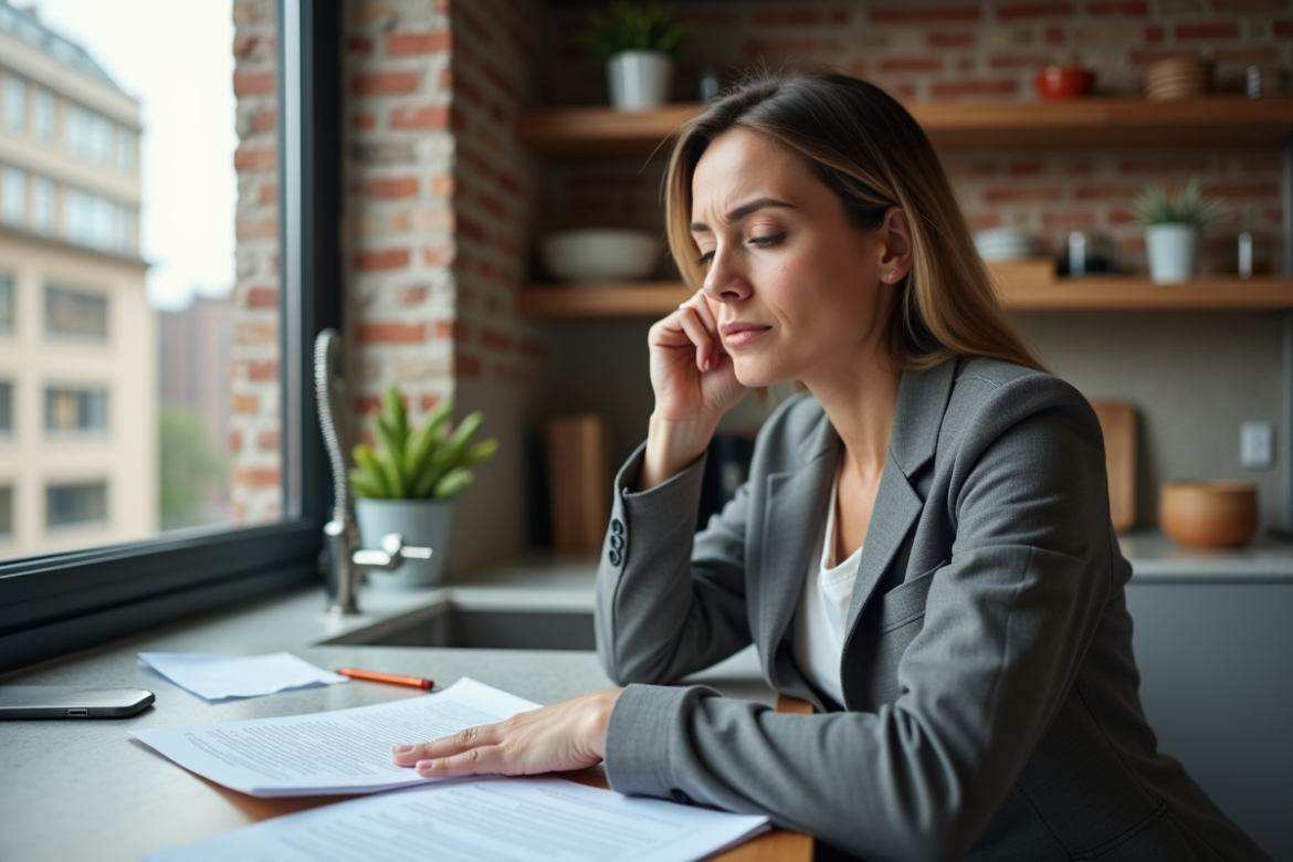 Femme en blazer examine documents de location dans son appartement