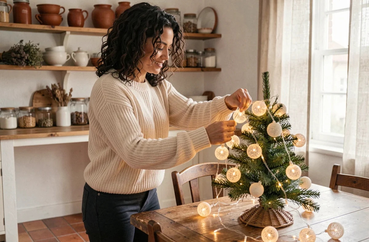 Femme installant une guirlande lumineuse style guinguette sur un petit sapin de Noël posé sur une table en bois dans une cuisine campagne