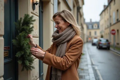 Femme arrangeant une guirlande sur la porte d'une maison en pierre