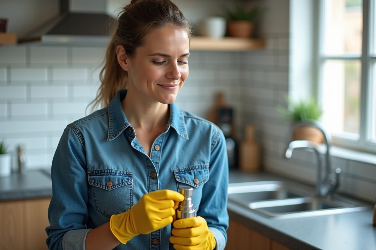 Femme portant des gants de travail tentant de dévisser un raccord de plomberie dans une cuisine moderne, expression confuse face au sens de rotation