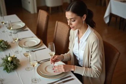 Jeune femme en blanc posant des verres de champagne