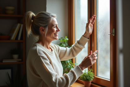 Femme en pull en laine essuyant une vitre de salon