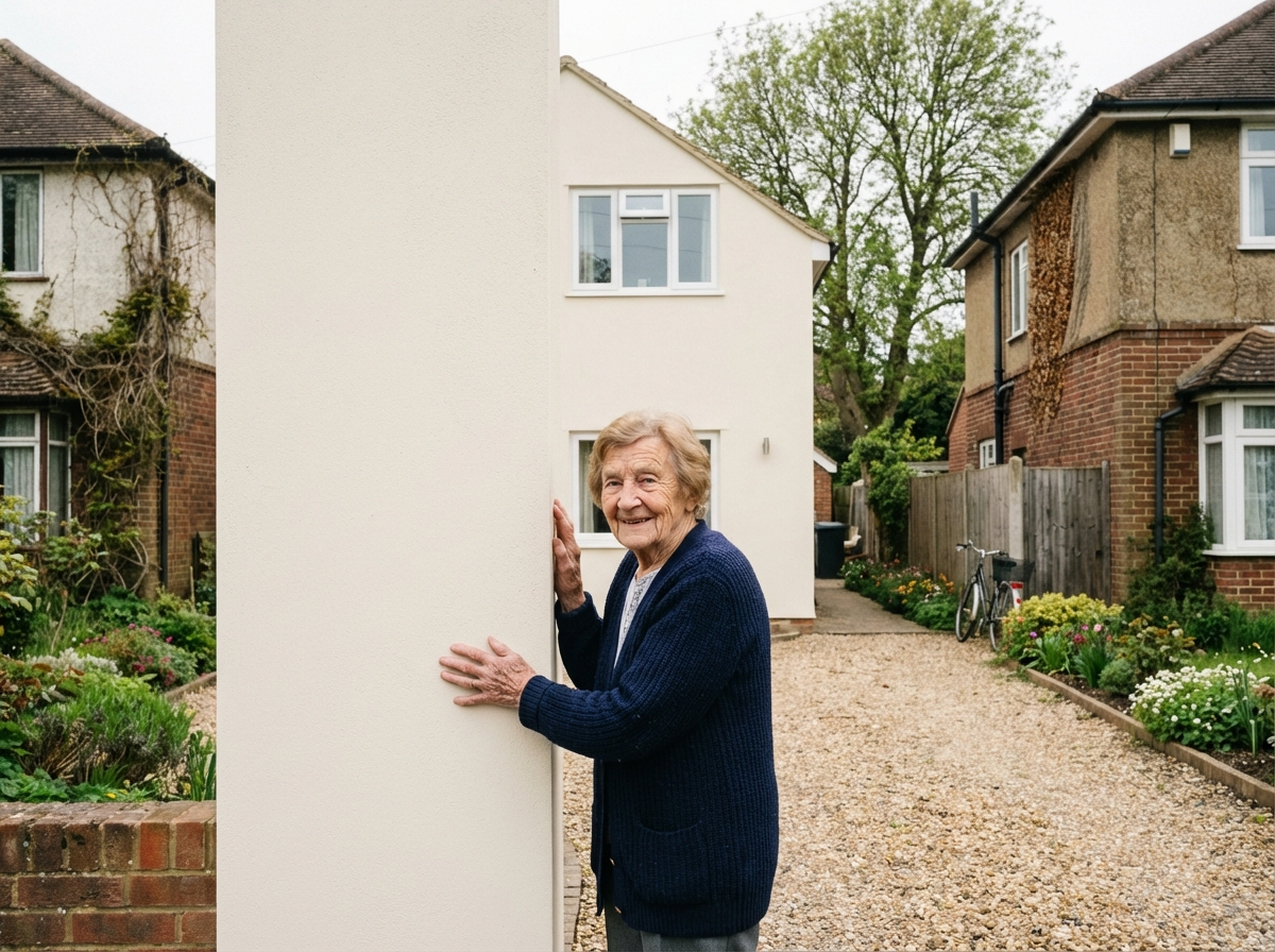 Femme souriante devant sa maison renovée dans un quartier Ardennes