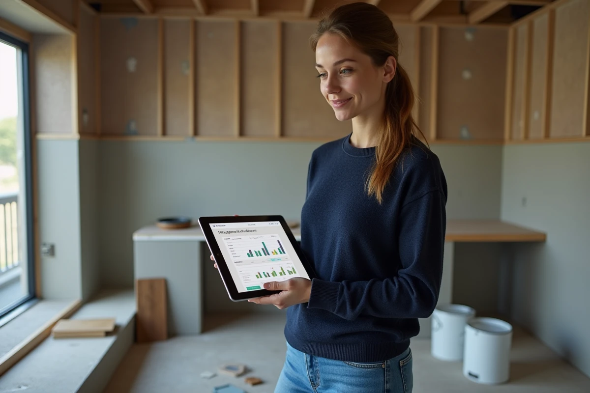 Une femme consulte un tableau de bord de gestion de budget rénovation sur tablette dans une cuisine en cours de travaux