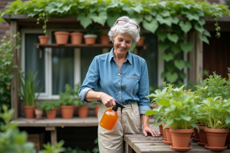 Femme en tenue de jardinage verse du neem fait maison