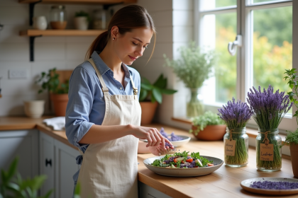 Jeune femme saupoudrant de la lavande sur une salade dans une cuisine lumineuse
