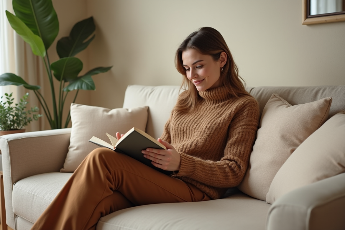 Femme lisant dans un salon chaleureux aux tons naturels