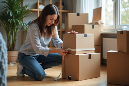 Femme mesurant une boîte de déménagement dans un appartement