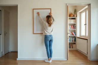 Femme mesurant une peinture dans un salon chaleureux