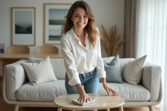 Jeune femme nettoie une table basse moderne dans un salon lumineux