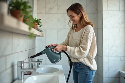 Femme nettoyant une paroi de salle de bain avec un nettoyeur vapeur
