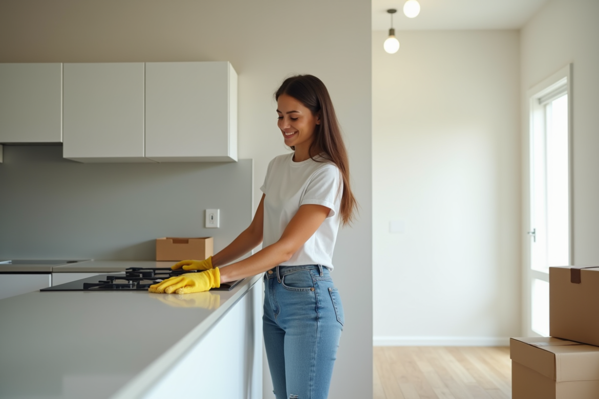 Jeune femme nettoyant la cuisine dans un appartement neuf