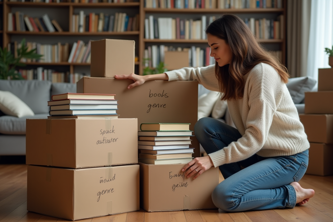Femme organisant des livres dans des cartons dans un salon chaleureux