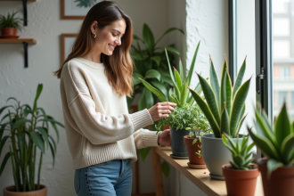 Jeune femme arrange des plantes d interieur dans son salon