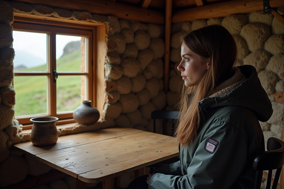 Jeune femme Faroese regardant par la fenêtre intérieure chaleureuse