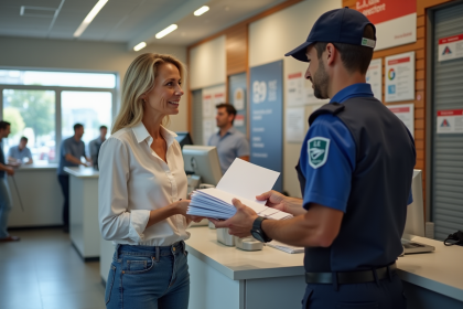 Femme d'âge moyen au bureau de poste en train d'envoyer du courrier