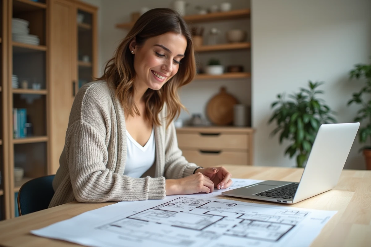 Femme en planification de maison dans une cuisine lumineuse