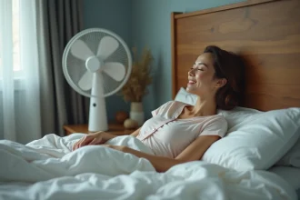 Femme relaxee dans son lit avec ventilateur silencieux