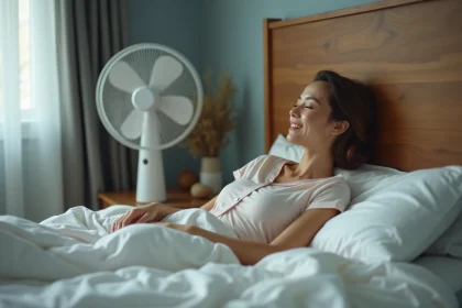 Femme relaxee dans son lit avec ventilateur silencieux