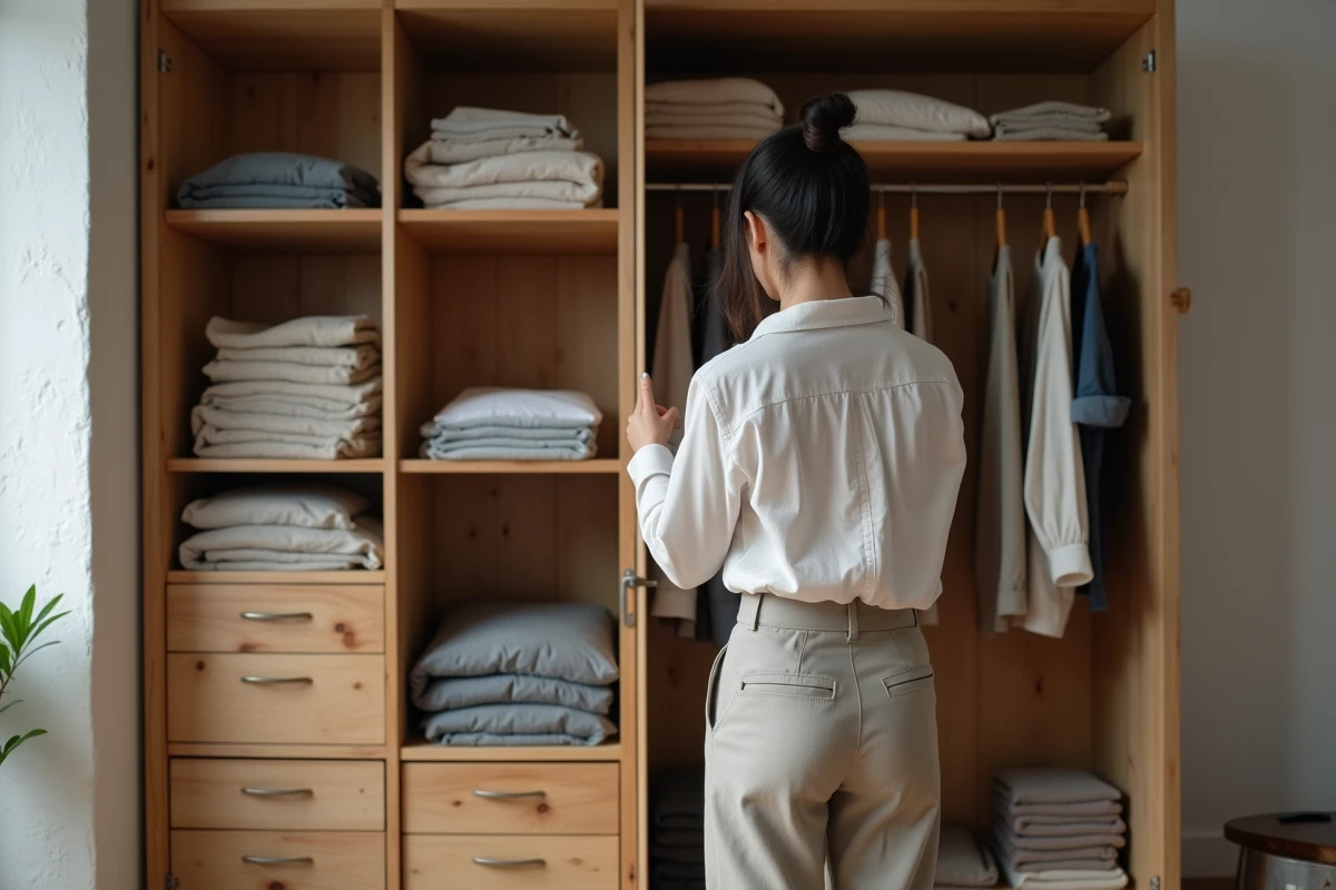 Femme devant une penderie ouverte en pin désorganisée, triant des vêtements mal pliés dans une chambre à parquet en chevrons