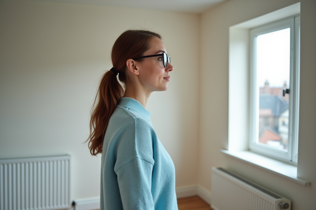 Jeune femme regardant par la fenetre dans extension maison