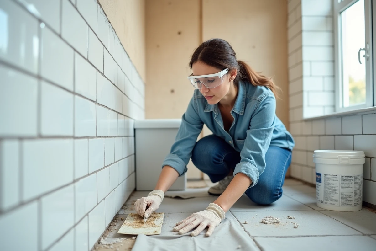 Femme effectuant des travaux de carrelage dans une salle de bain en cours de rénovation