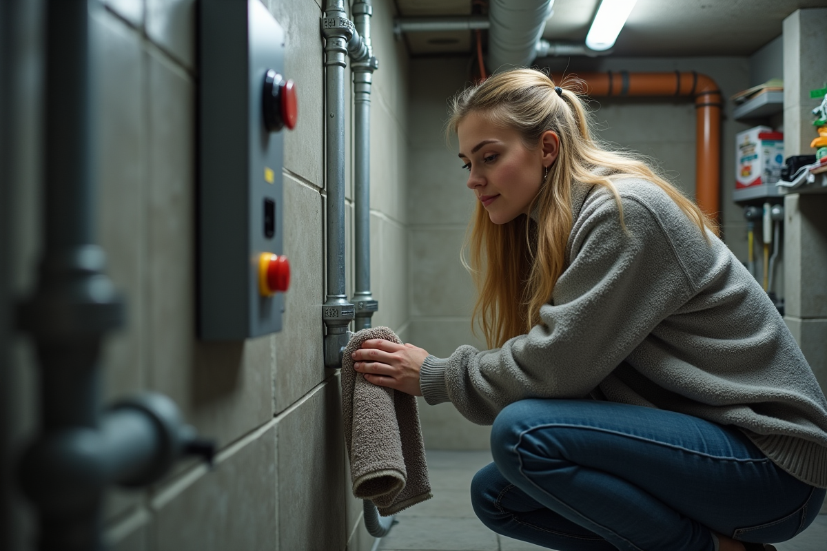 Femme réparant des tuyaux dans une salle technique
