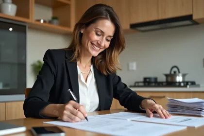 Femme souriante examine des documents dans la cuisine