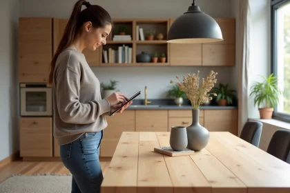 Femme regardant une tablette près d'une table en bois moderne