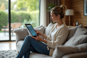 Femme d'âge moyen utilisant une tablette connectée dans un salon moderne