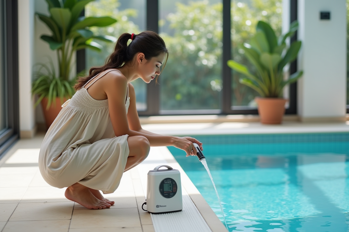 Femme vérifiant le niveau de sel dans la piscine intérieure