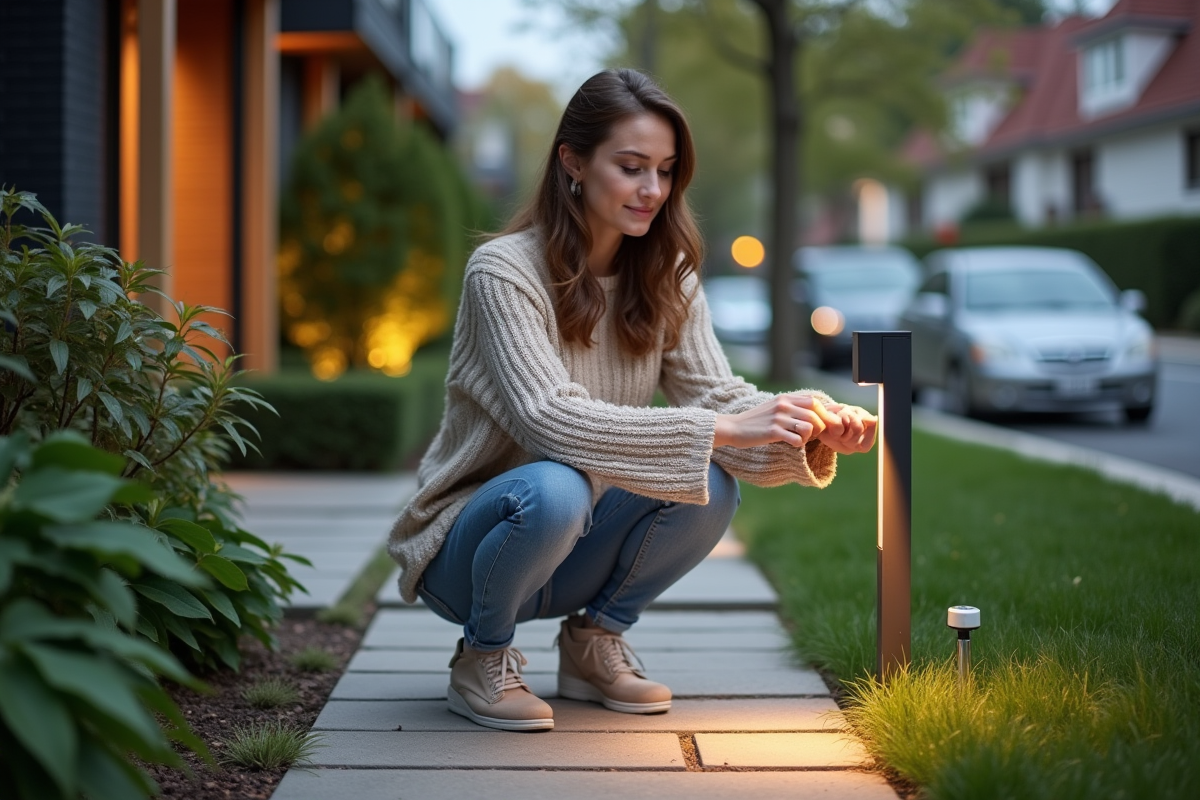 Jeune femme ajuste une lampe de chemin dans le jardin moderne