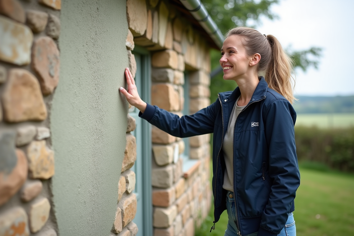 Jeune femme inspectant un enduit de chaux sur une maison rurale