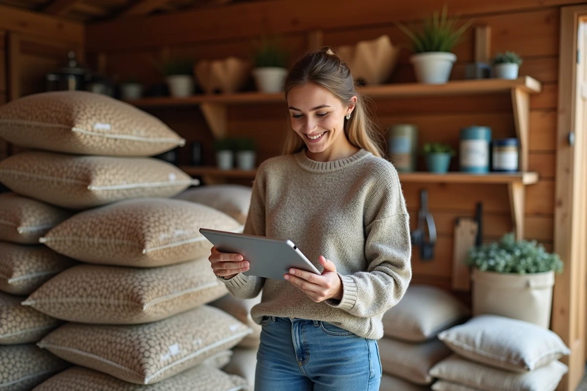 Femme souriante vérifie prix pellets dans abri jardin