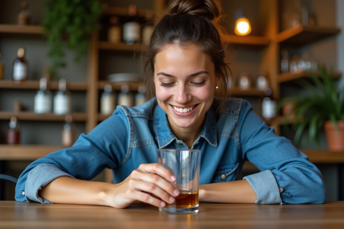 Jeune femme examinant un verre de whisky sur la table