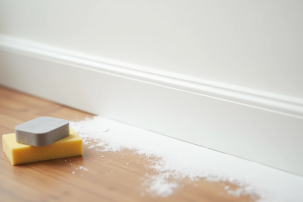 Gros plan sur une surface en bois peinte à la glycéro sans cloques ni traces, avec les produits de préparation posés à côté
