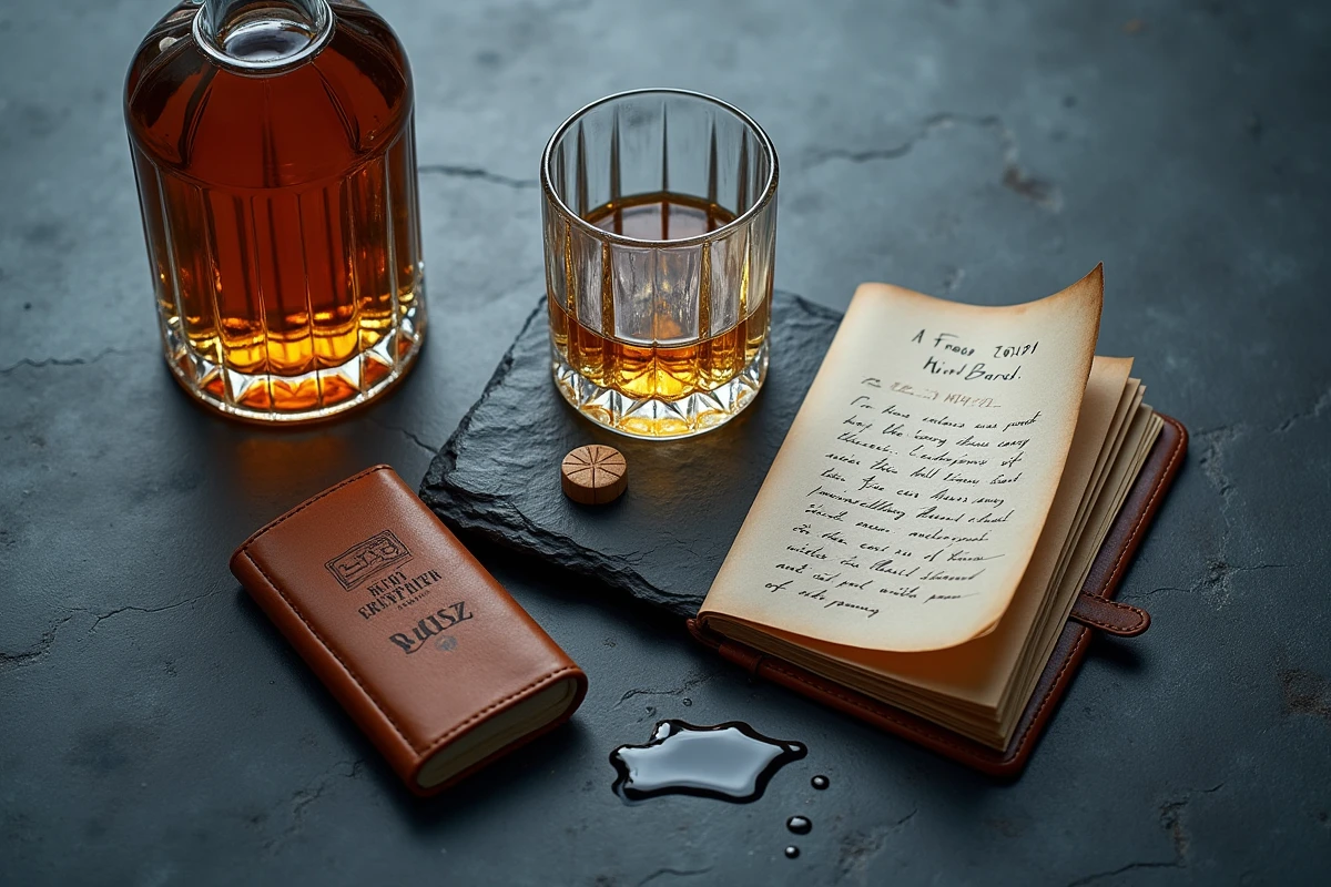 Vue aérienne d'une composition élégante de dégustation whisky avec verres en cristal et tumbler sur ardoise grise