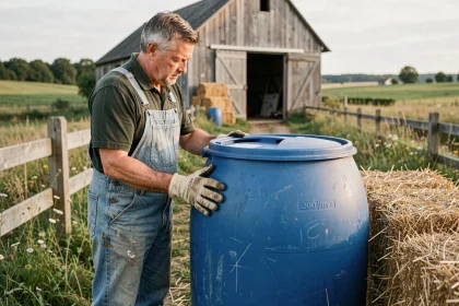 Agriculteur inspectant un fût de 200 litres bleu devant une grange rurale en France