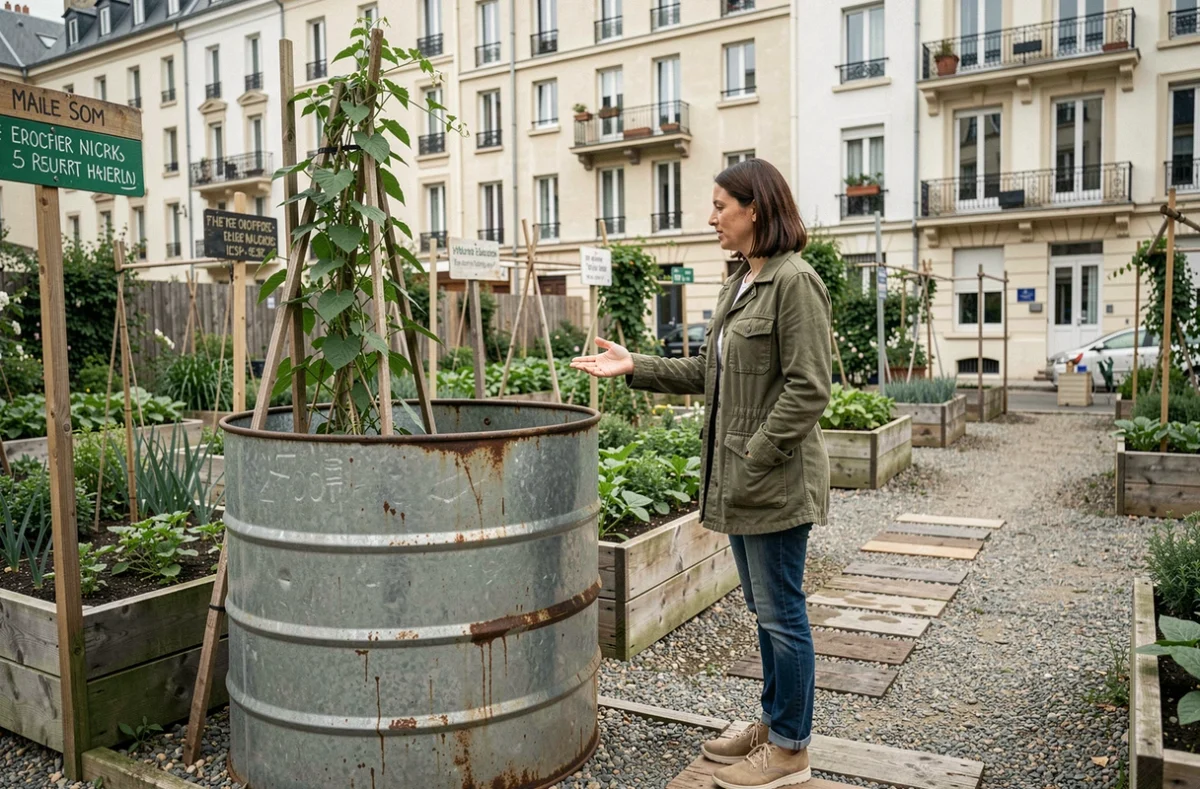 Femme récupérant un fût de 200 litres dans un jardin partagé urbain pour collecter l'eau de pluie