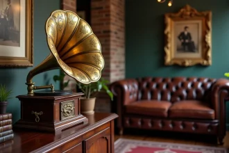 Gramophone ancien en laiton posé sur un buffet en noyer dans un salon rétro avec murs en briques et tapis persan