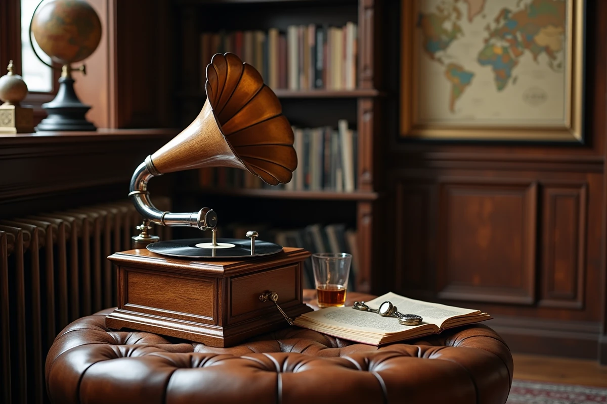 Détail d'un gramophone ancien en bois de chêne avec bras de lecture nickelé dans un bureau bibliothèque au style nostalgique