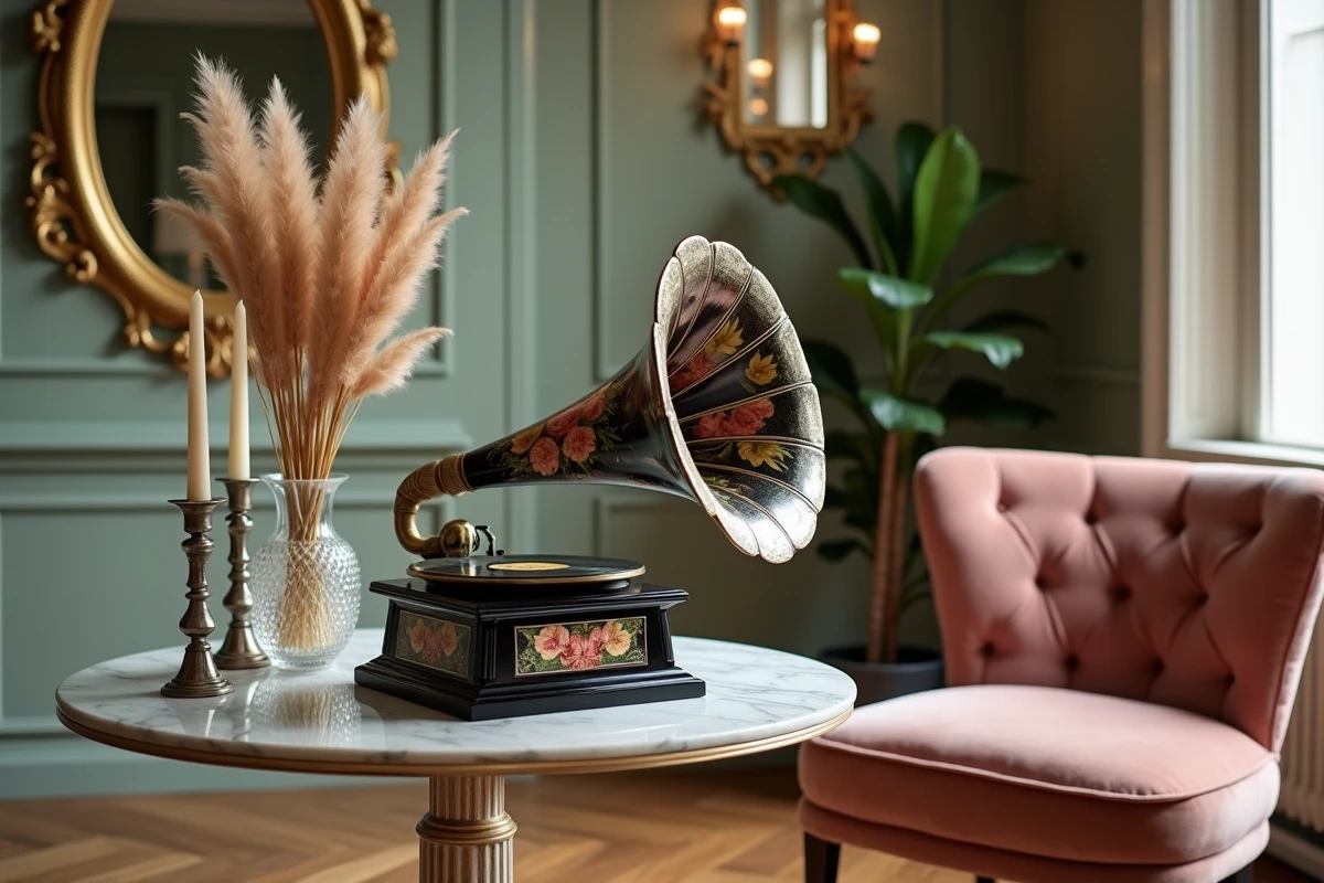 Gramophone laqué noir à pavillon fleuri sur table en marbre dans un appartement parisien décoré style vintage