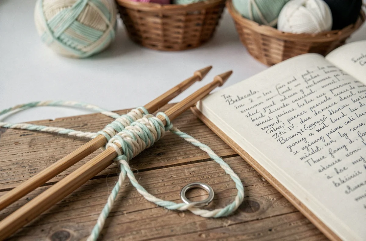 Gros plan sur des aiguilles circulaires en bois avec de la laine Bebecolor multicolore et un carnet de tricot