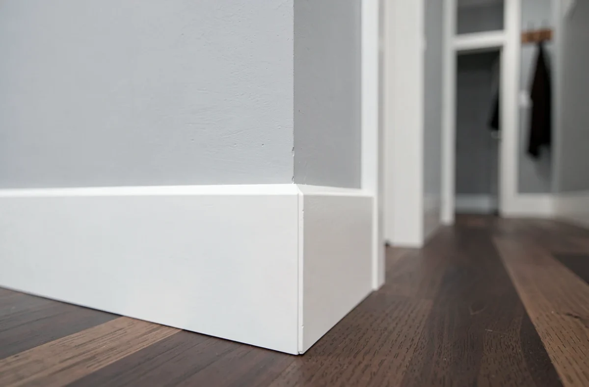 Gros plan sur un angle de plinthe parfaitement coupé à 45 degrés avec finition peinte sans défaut dans un couloir moderne