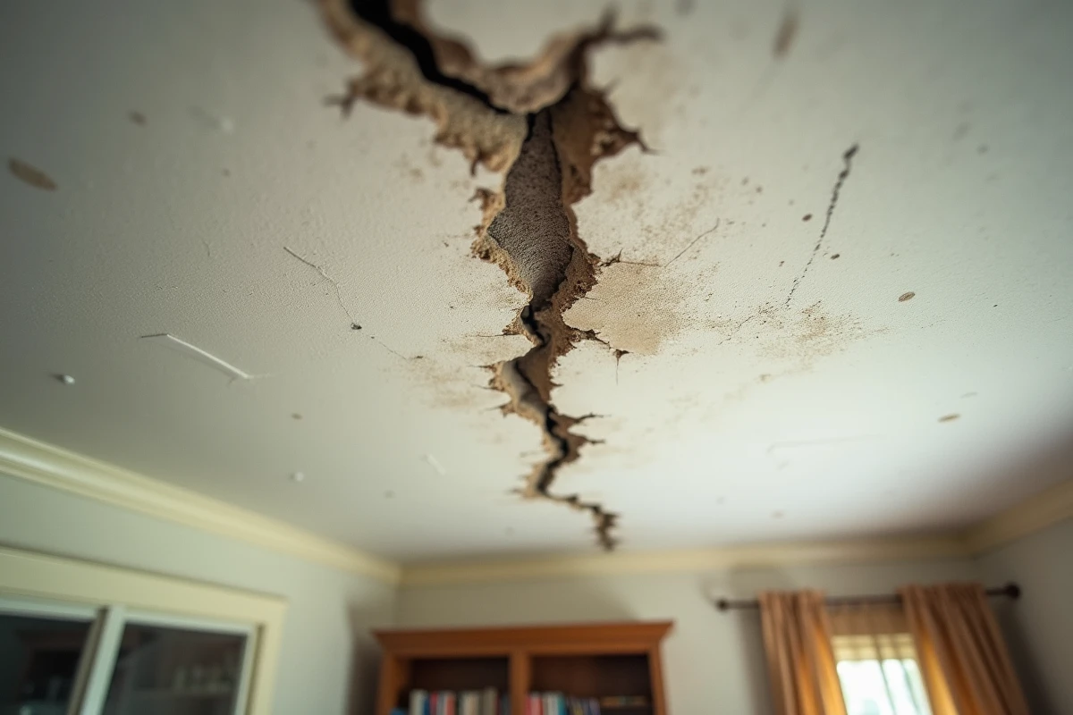 Gros plan d'une fissure profonde sur un plafond en plâtre avec écaillage de peinture visible nécessitant une réparation professionnelle